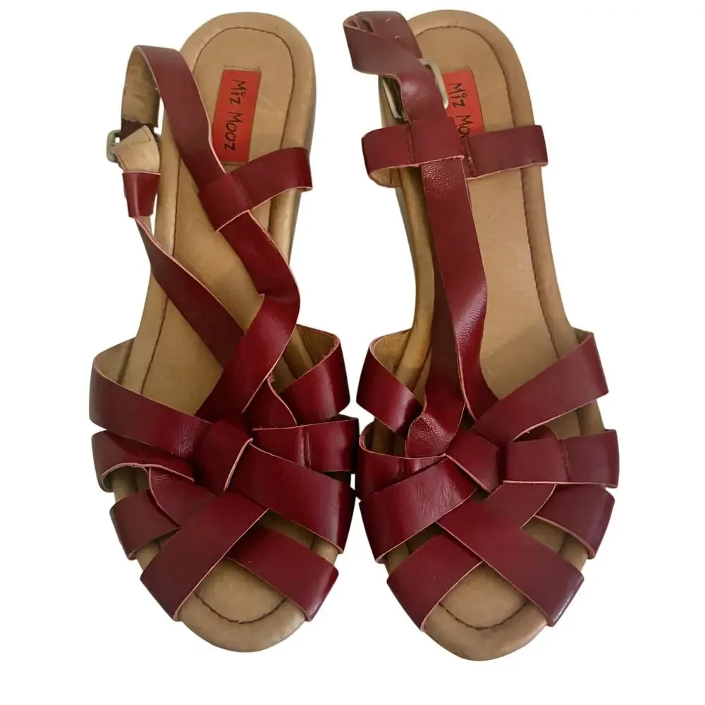 Miz Mooz Gizmo Maroon Leather Strappy Wood Wedge Slingback Sandals Basketweave